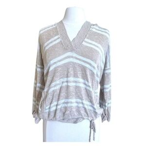 Michael Stars Striped V-Neck Hoodie Sweater | Sand & White | Size 2